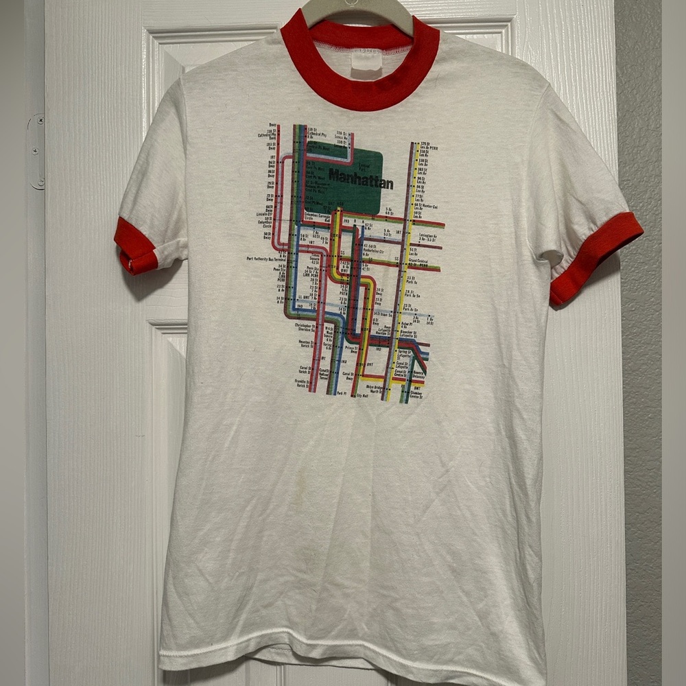 Vintage 90s NYC subway map paper thin t shirt ringer tee